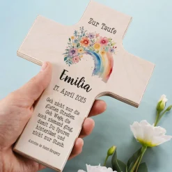 Holzkreuz - Regenbogen mit Blumen - zur Taufe, Kommunion oder Konfirmation