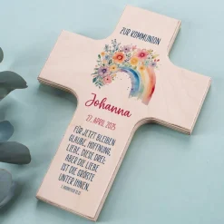 Holzkreuz - Regenbogen mit Blumen - zur Taufe, Kommunion oder Konfirmation