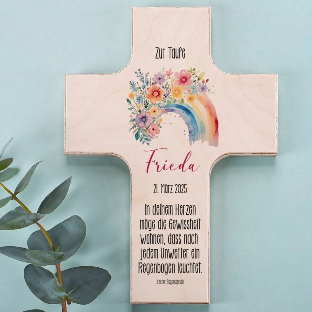 Holzkreuz - Regenbogen mit Blumen - zur Taufe, Kommunion oder Konfirmation