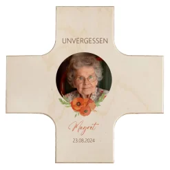 Holzkreuz Trauer mit Wunschfoto, Name und Datum