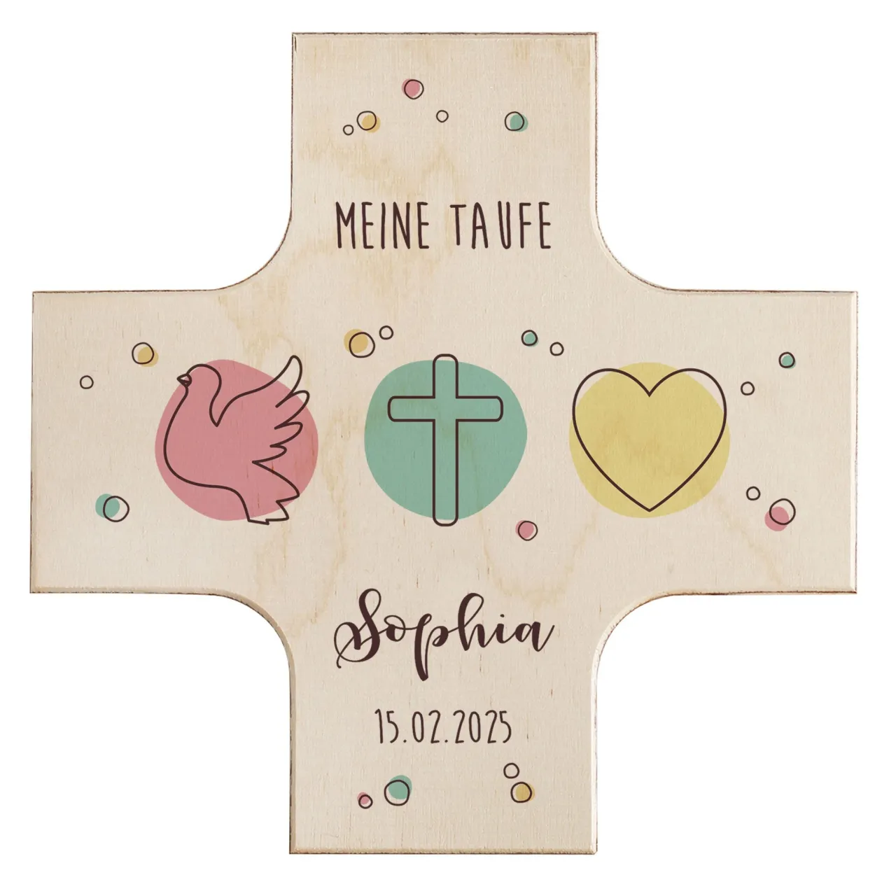 Holzkreuz zur Taufe, Kommunion oder Konfirmation mit Taube, Kreuz & Herz Motiv