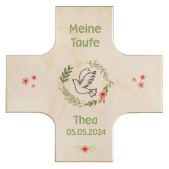 Holzkreuz zur Taufe oder Kommunion mit Namen, Datum und Anlass