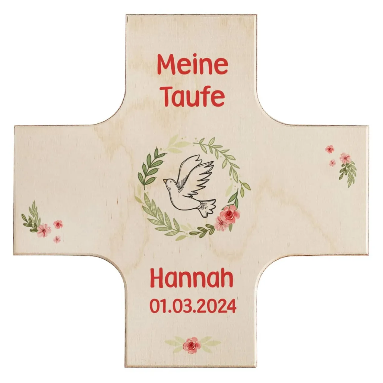 Holzkreuz zur Taufe oder Kommunion mit Namen, Datum und Anlass