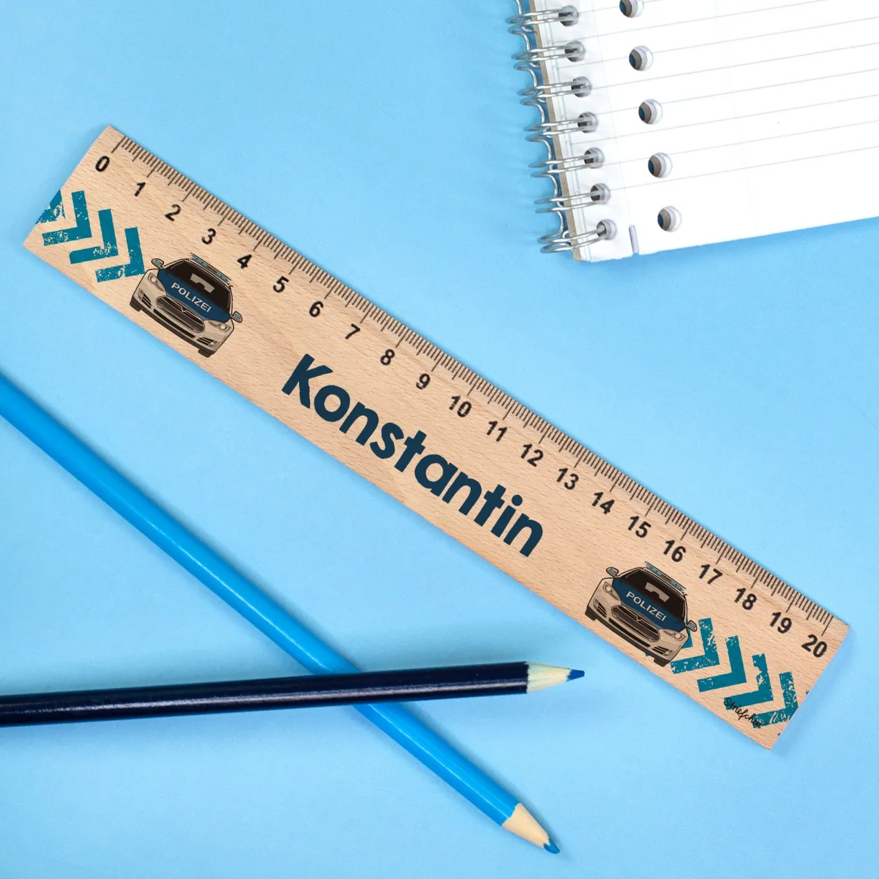 Holz Lineal für Jungen personalisiert mit Name | Polizei Motiv | 20 cm