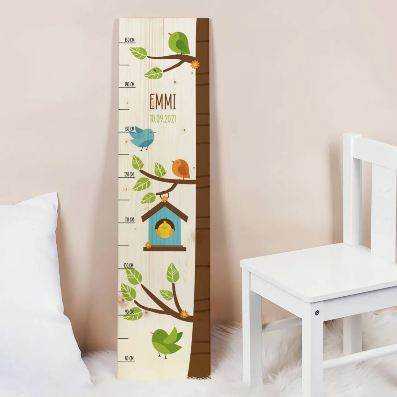Holz-Messlatte mit Baum, Vögeln und Vogelhäuschen bedruckt