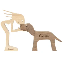 Holzskulptur Frauchen mit Hund – personalisiert mit zwei Namen | Geschenk für Hundebesitzer