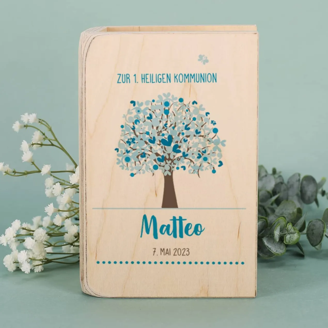 Holzspardose mit Lebensbaum zur Taufe, Kommunion und Konfirmation