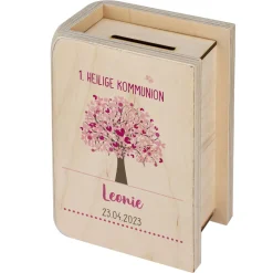 Holzspardose mit Lebensbaum zur Taufe, Kommunion und Konfirmation