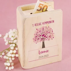 Holzspardose mit Lebensbaum zur Taufe, Kommunion und Konfirmation