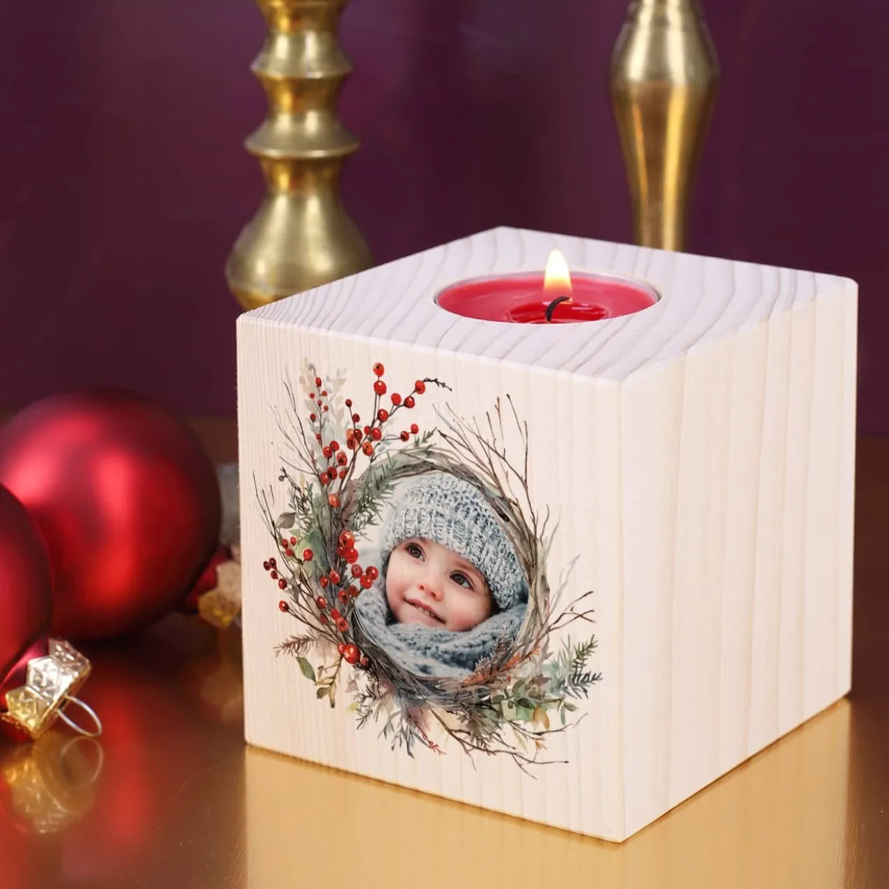 Holzteelichthalter mit Foto zu Weihnachten
