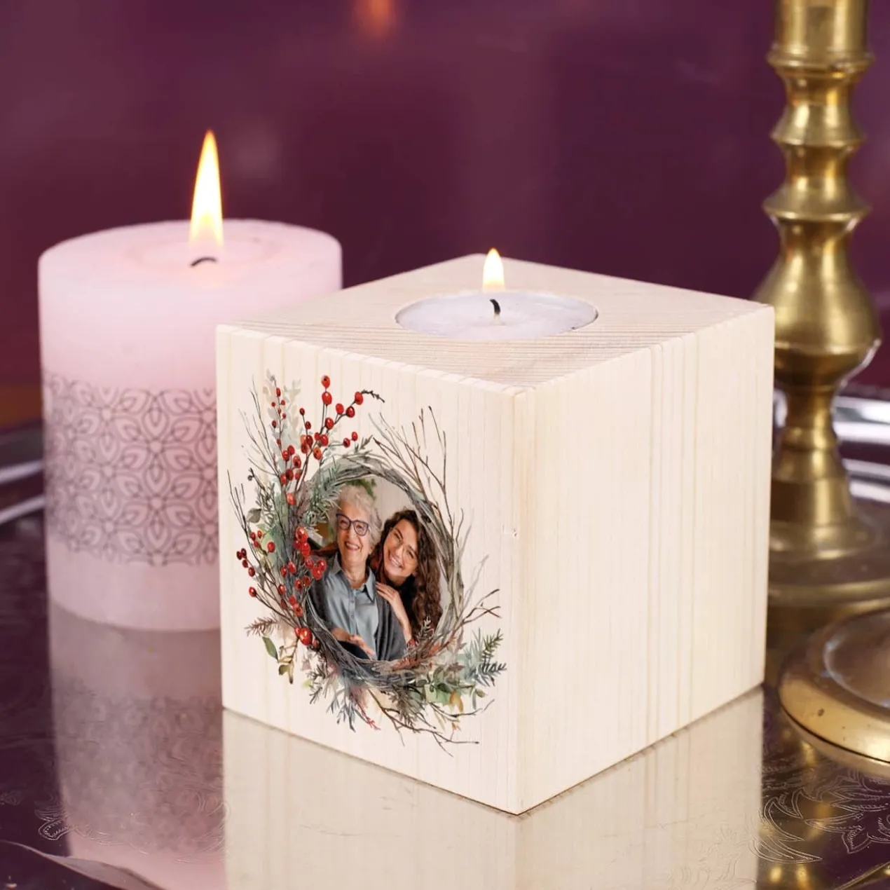 Holzteelichthalter mit Foto zu Weihnachten