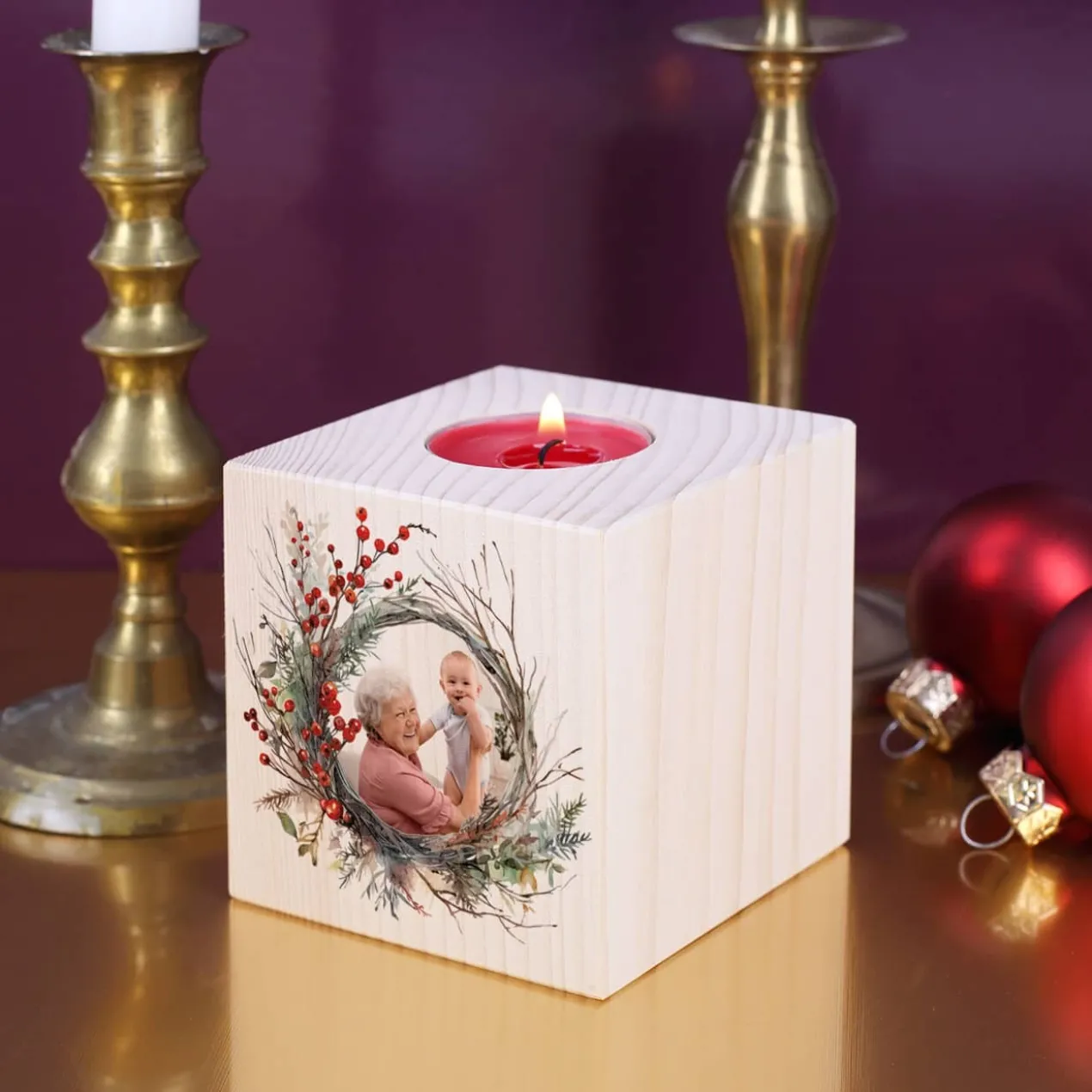 Holzteelichthalter mit Foto zu Weihnachten