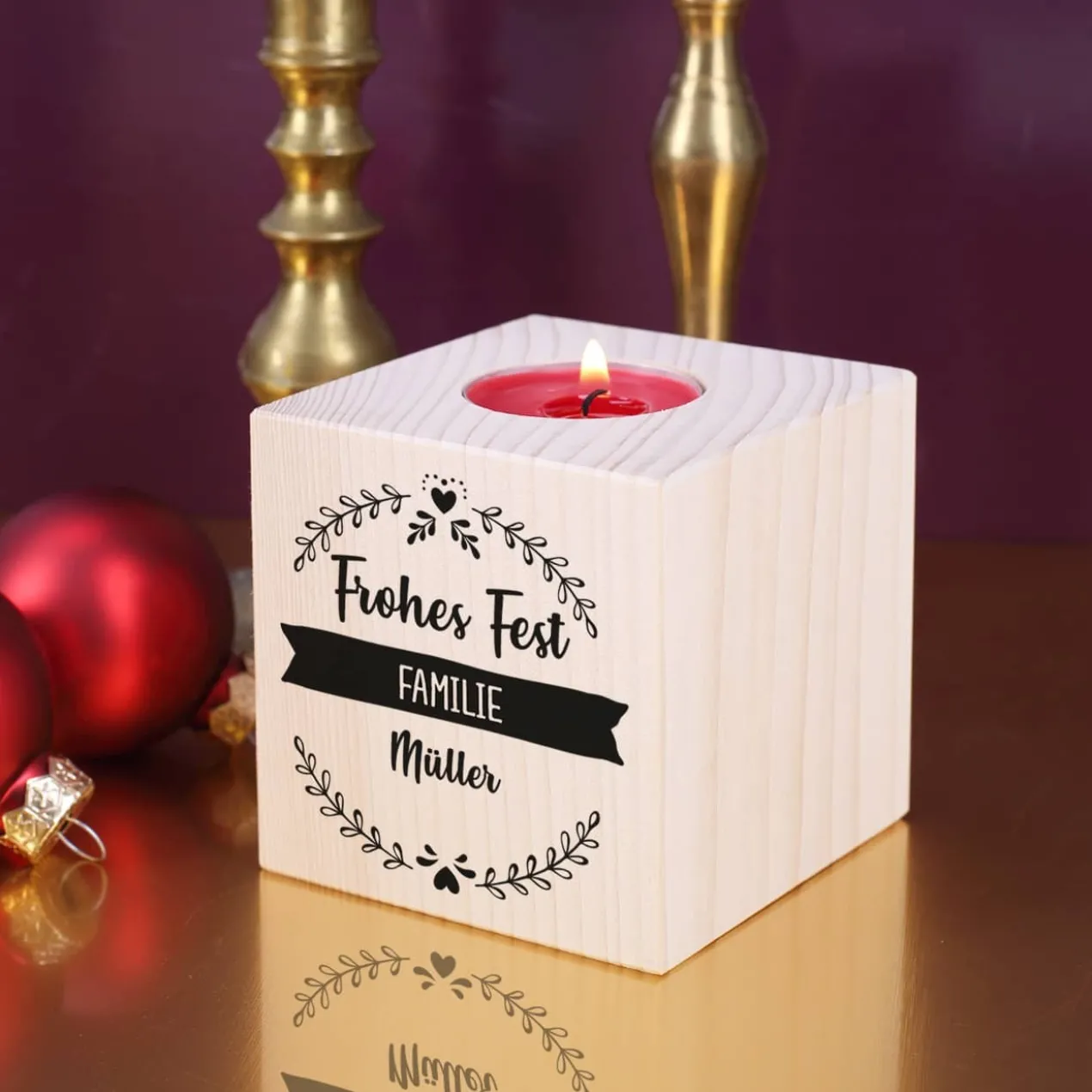 Holz-Teelichthalter mit 3 Zeilen Wunschtext