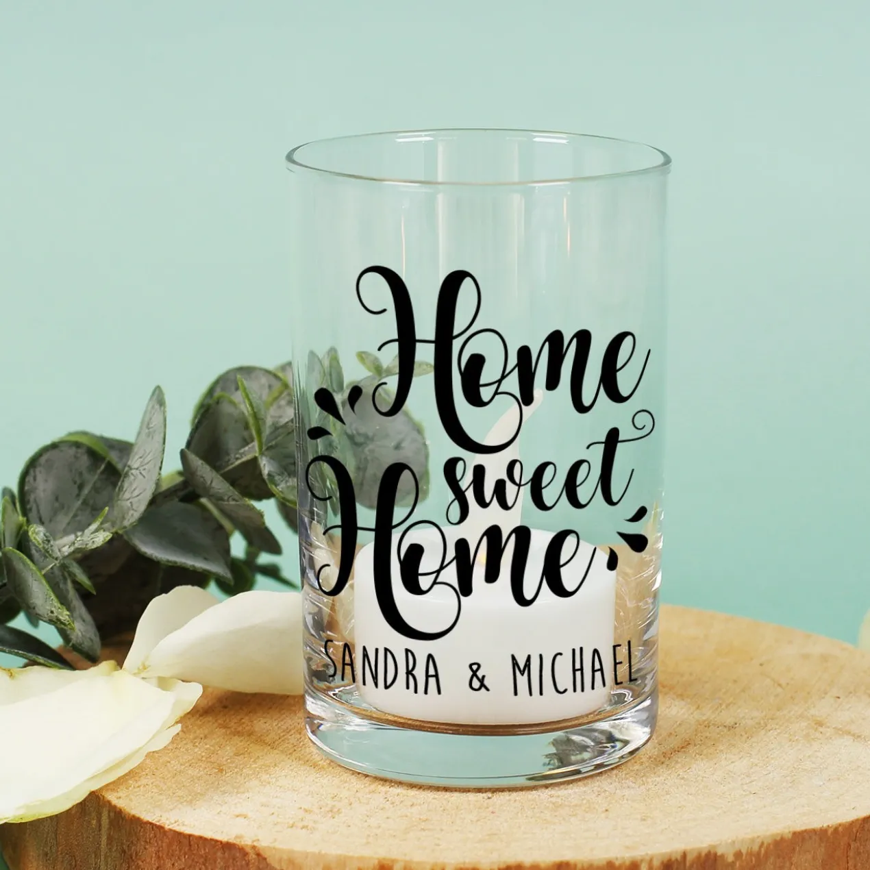 Home sweet Home - Windlicht aus Glas mit Ihrem Wunschtext