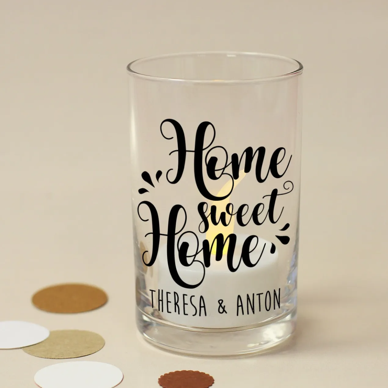 Home sweet Home - Windlicht aus Glas mit Ihrem Wunschtext