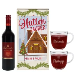 Hüttenzauber - Geschenkset mit Glühwein oder Glühpunsch, zwei Gläsern und Box