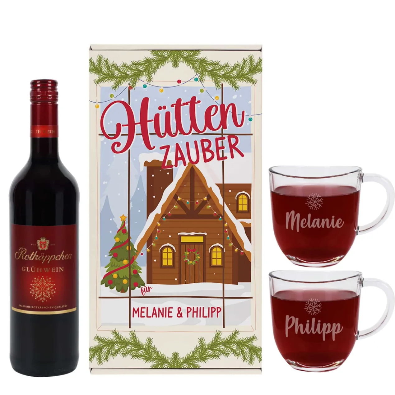 Hüttenzauber - Geschenkset mit Glühwein oder Glühpunsch, zwei Gläsern und Box