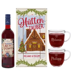 Hüttenzauber - Geschenkset mit Glühwein oder Glühpunsch, zwei Gläsern und Box