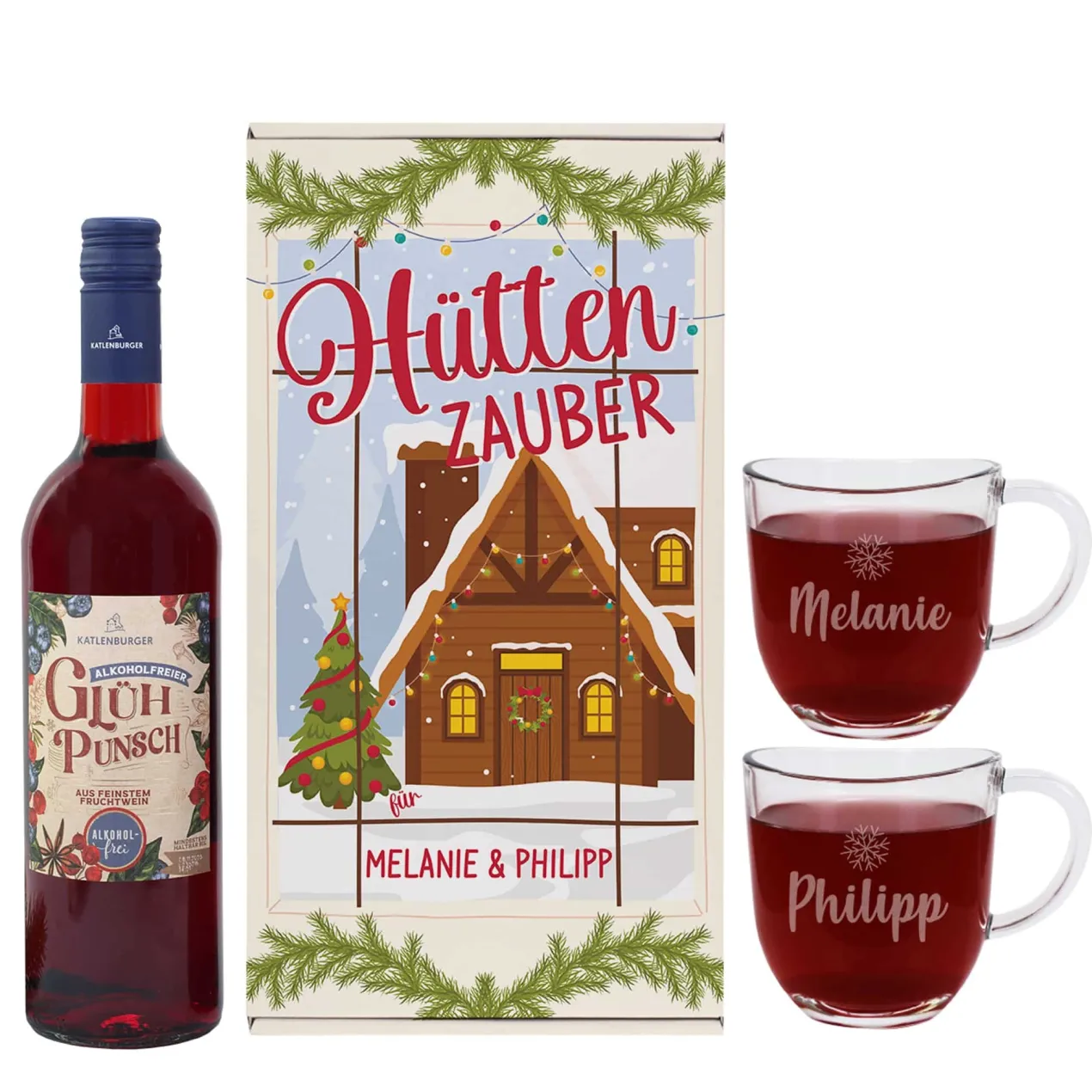 Hüttenzauber - Geschenkset mit Glühwein oder Glühpunsch, zwei Gläsern und Box