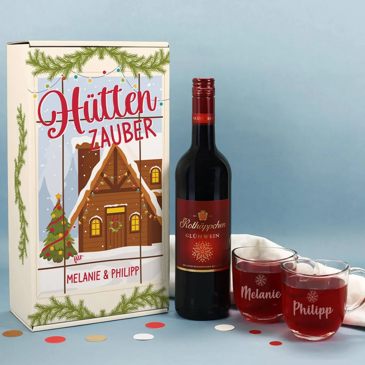 Hüttenzauber - Geschenkset mit Glühwein oder Glühpunsch, zwei Gläsern und Box