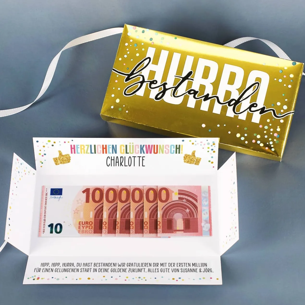 HURRA bestanden! - Goldbox für Geldgeschenke zum Abi, Schulabschluss & mehr