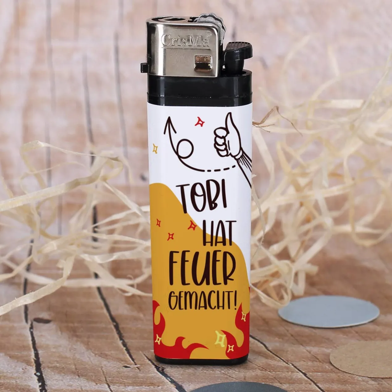 Ich habe Feuer gemacht! - Feuerzeug mit Namensaufkleber