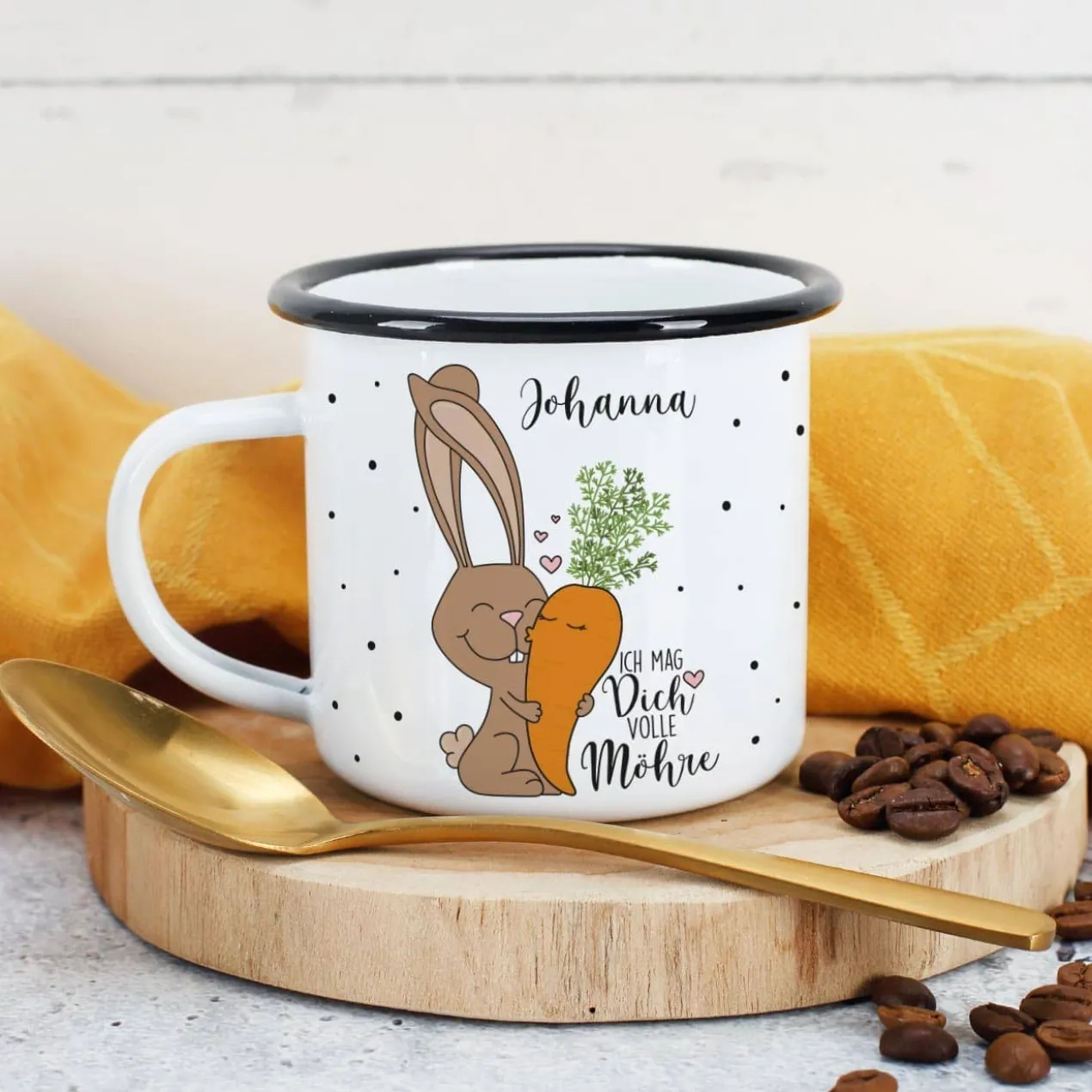 Ich mag Dich volle Möhre! - Emailletasse mit Wunschname