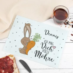 Ich mag Dich volle Möhre! Glas-Schneidebrett mit Name, 28 x 20 cm