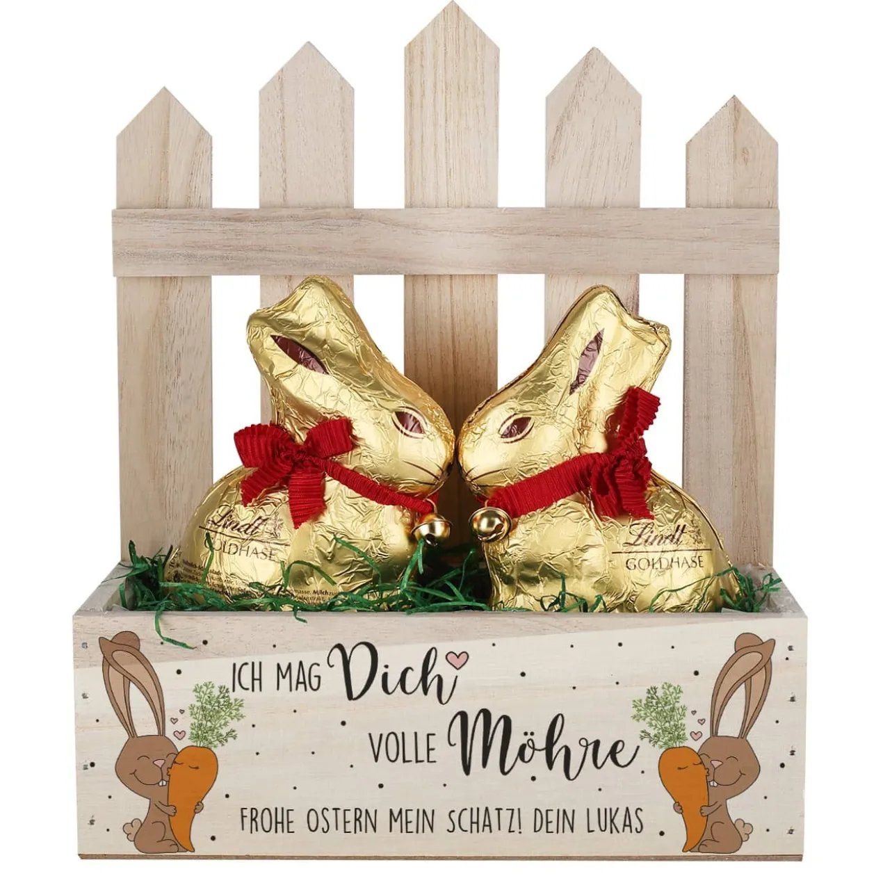 Ich mag Dich volle Möhre - Osterkörbchen mit zwei Lindthasen und Ostergras gefüllt