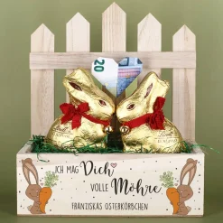 Ich mag Dich volle Möhre - Osterkörbchen mit zwei Lindthasen und Ostergras gefüllt