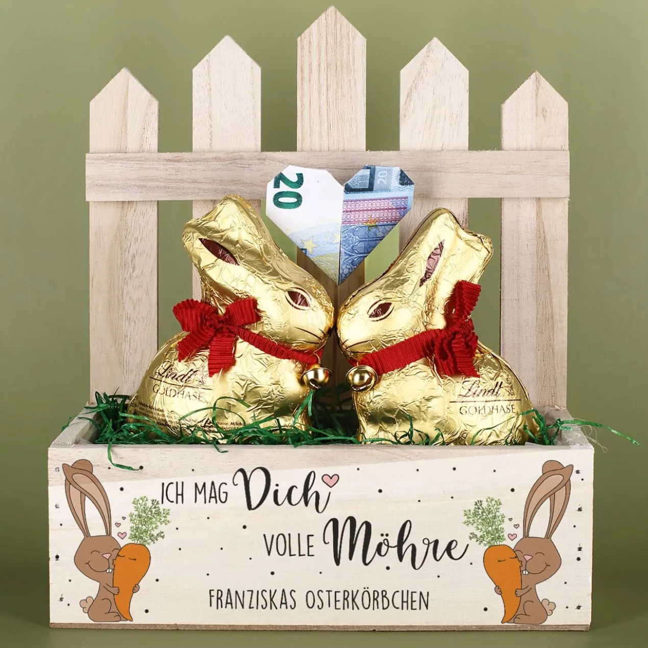 Ich mag Dich volle Möhre - Osterkörbchen mit zwei Lindthasen und Ostergras gefüllt