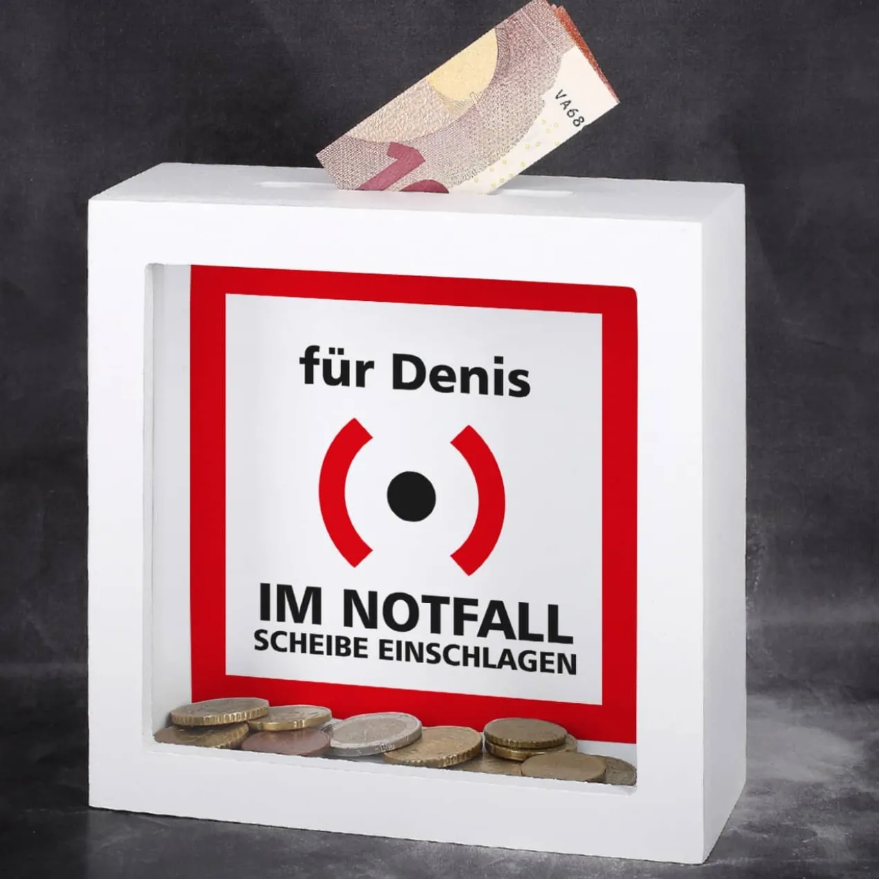 Im Notfall Scheibe einschlagen - Bilderrahmen Spardose für Geldgeschenke