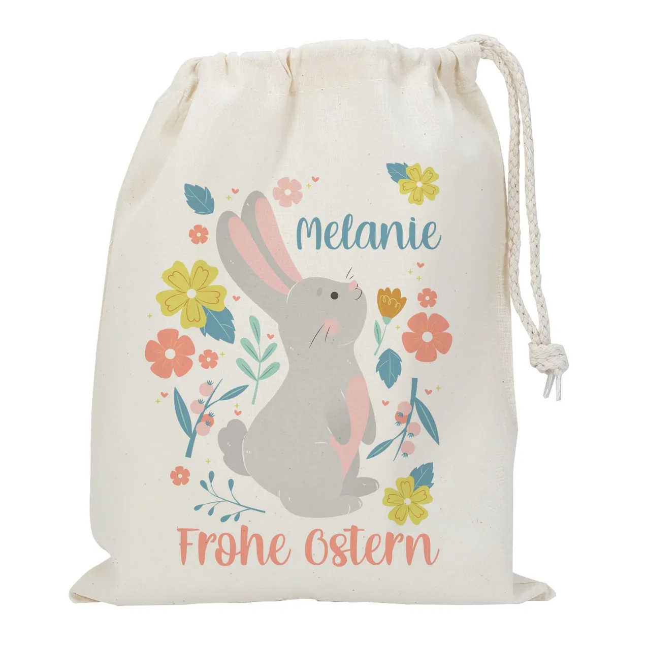 Individueller Osterbeutel mit niedlichem Hasen, Blumen & Wunschname