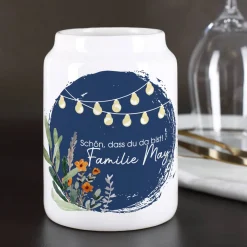 Individuell gestalteter Besteckhalter mit Lichterkette, Wildblumen und zwei kurzen Wunschtexten