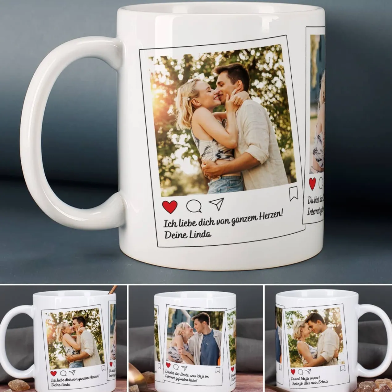 Instagram Post Tasse mit 3 Fotos und Wunschtexten