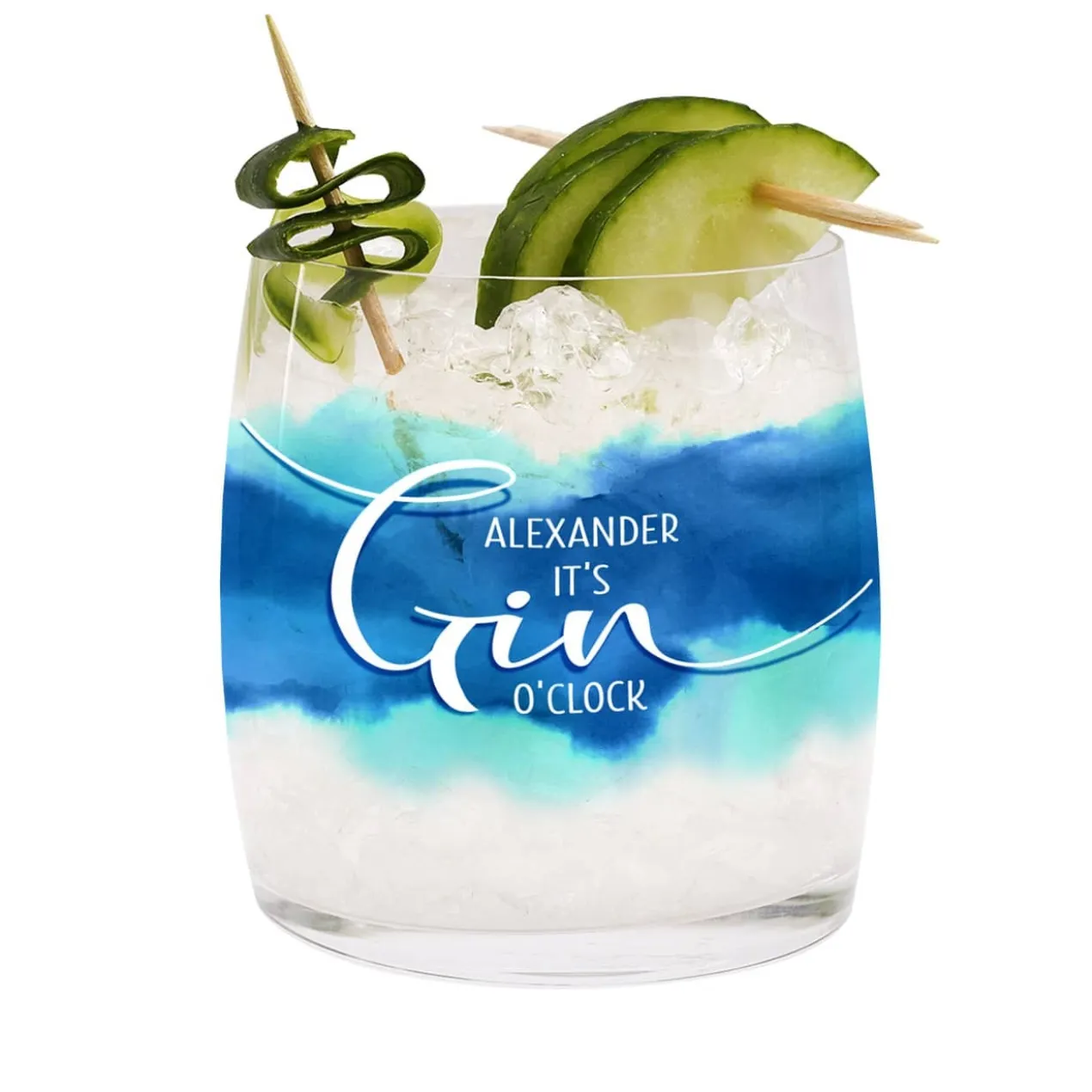 It`s gin o´clock Glas mit Name und Watercolour umlaufend bedruckt