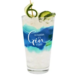 It`s Gin O´Clock Longdrinkglas mit blauem Watercolour und Wunschname