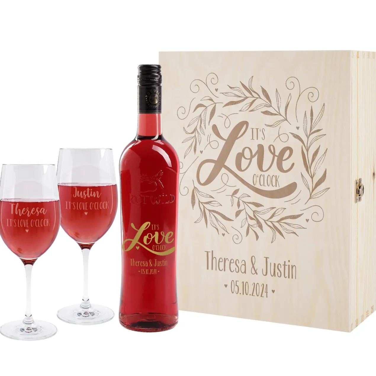 It's love o'clock - edles Geschenkset mit Weingläsern, Weinflasche und gravierter Holzbox