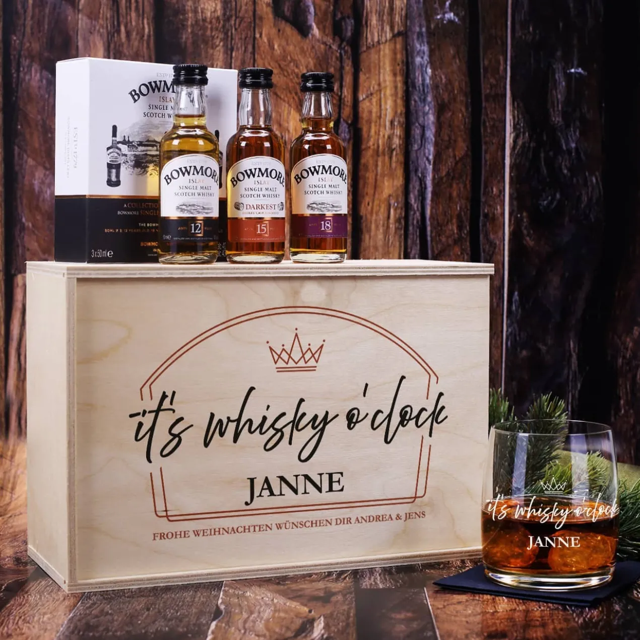 It's whisky o'clock - Geschenkset mit Whiskyglas und 3 Flaschen Bowmore a 50ml