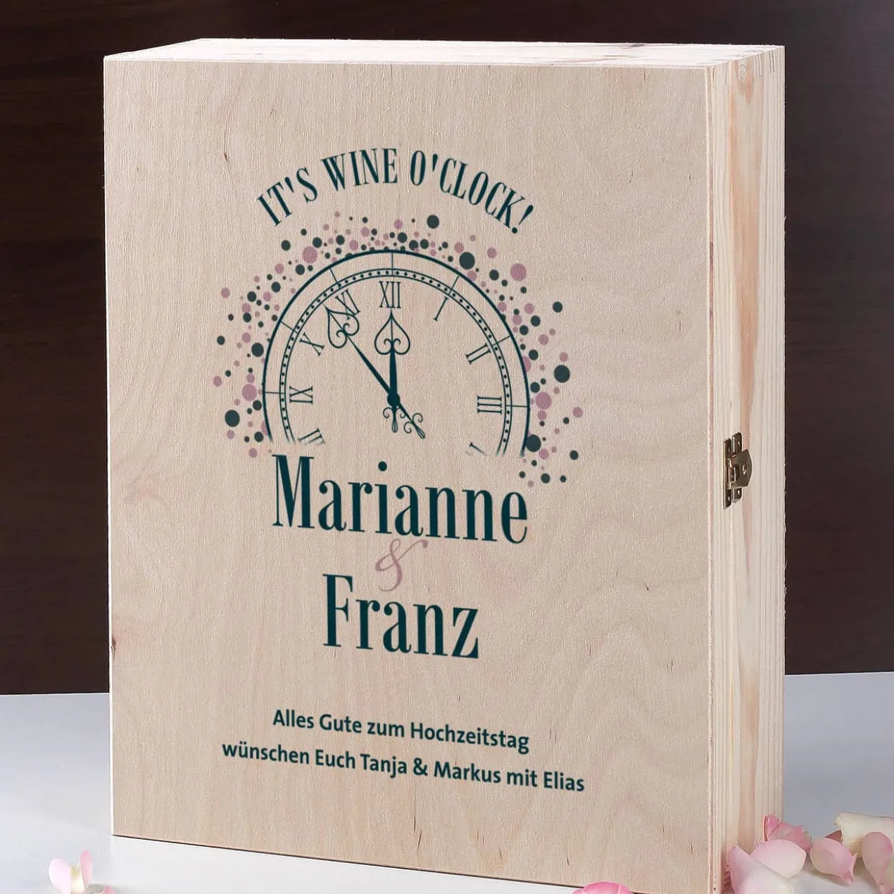 IT'S WINE O'CLOCK! Geschenkset - Weingläser und Flasche in persönlicher Holzbox