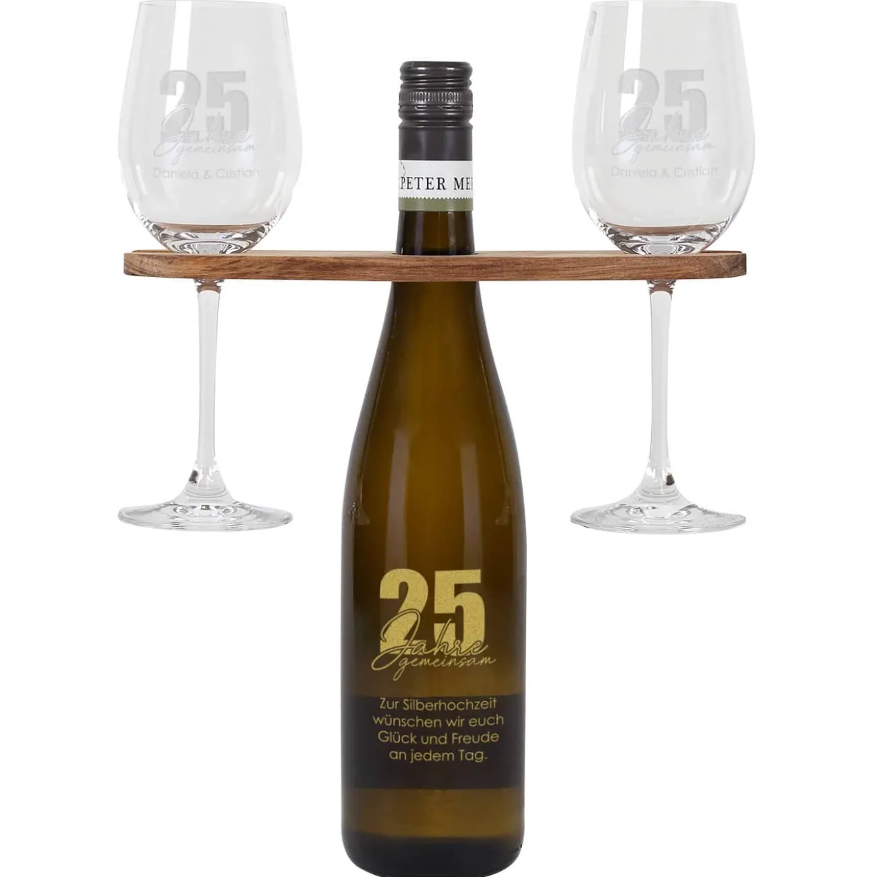 25 Jahre gemeinsam - Geschenkset mit gravierten Weingläsern und Weiflasche