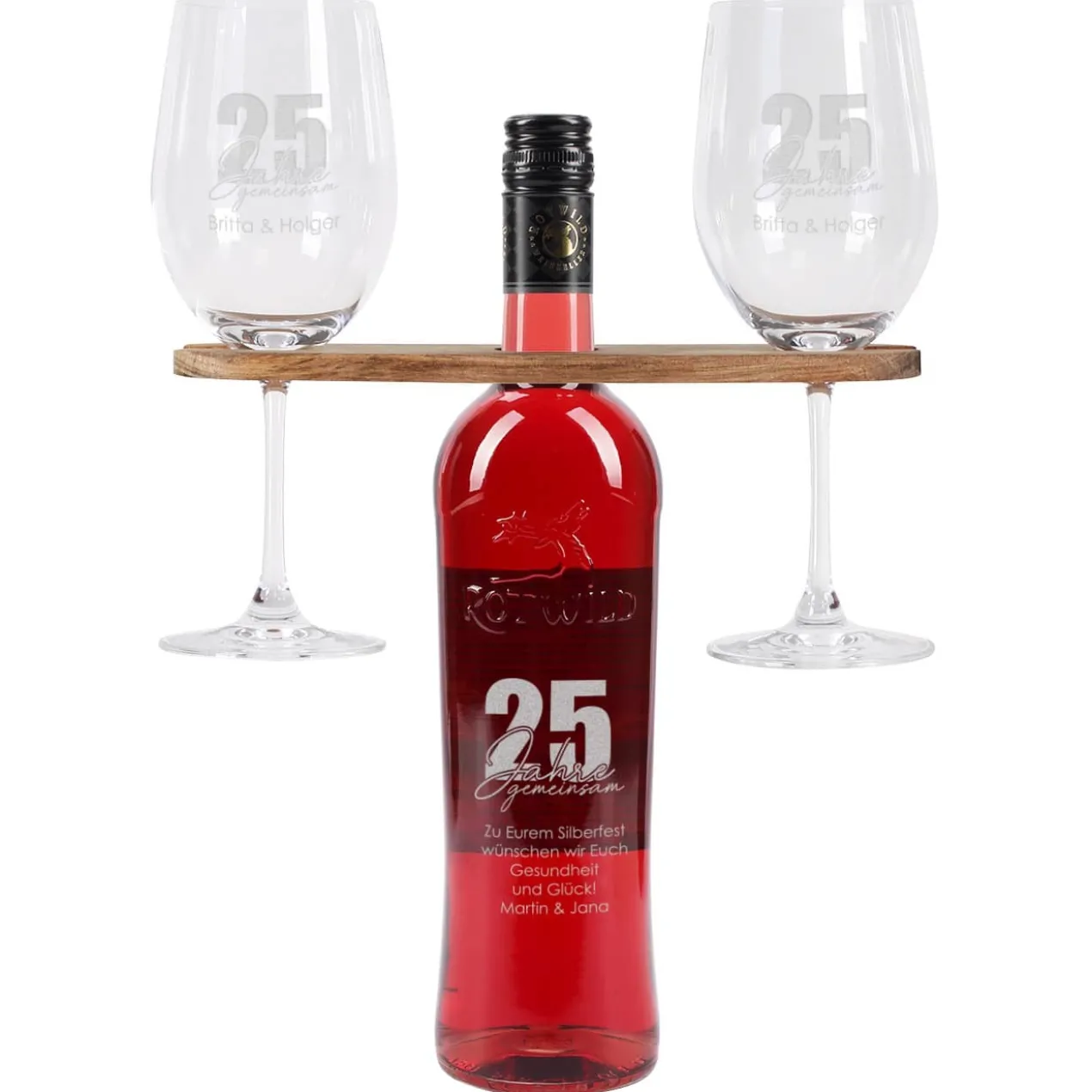 25 Jahre gemeinsam - Geschenkset mit gravierten Weingläsern und Weiflasche