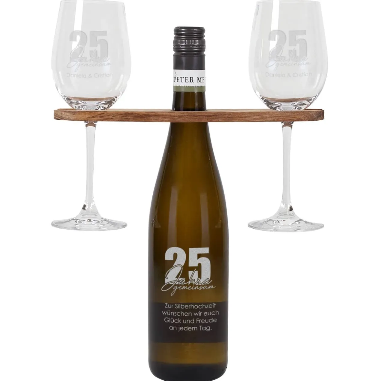25 Jahre gemeinsam - Geschenkset mit gravierten Weingläsern und Weiflasche