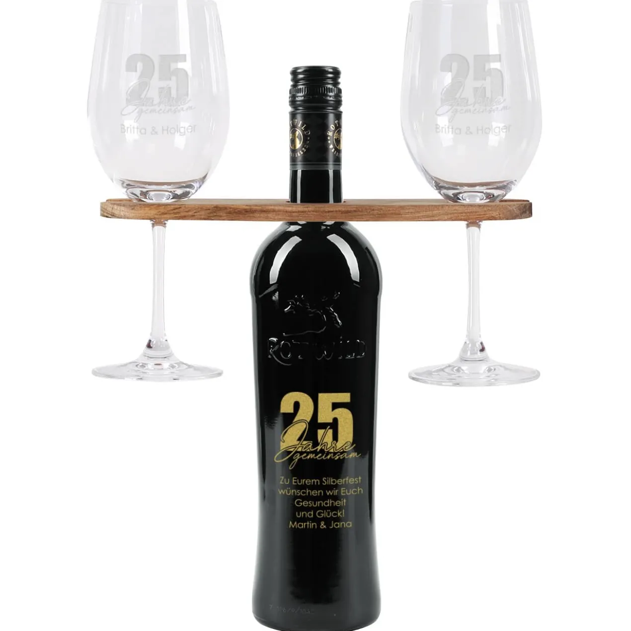 25 Jahre gemeinsam - Geschenkset mit gravierten Weingläsern und Weiflasche