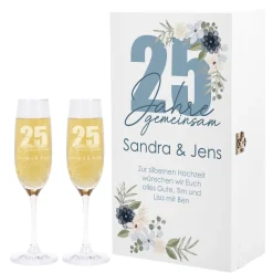 25 Jahre gemeinsam - Geschenkset zur Silberhochzeit mit Sektgläsern und Holzbox