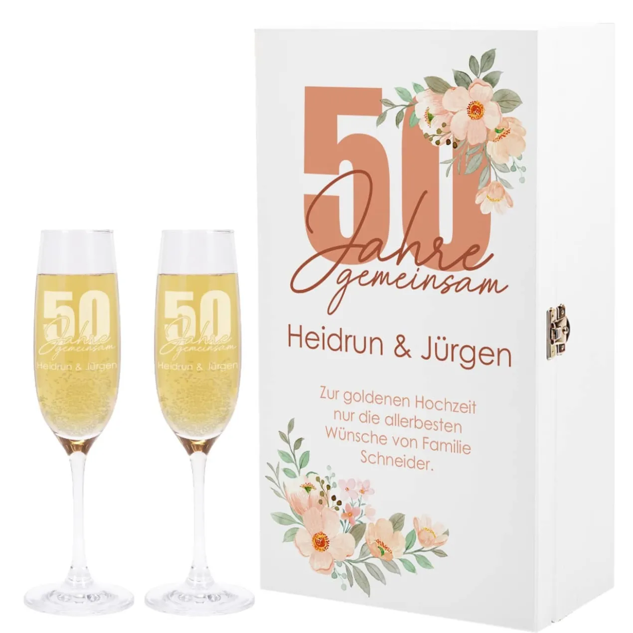 50 Jahre gemeinsam - Geschenkset mit Holzbox und Sektgläsern zur Goldhochzeit