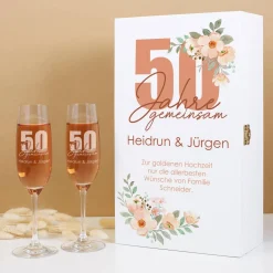 50 Jahre gemeinsam - Geschenkset mit Holzbox und Sektgläsern zur Goldhochzeit
