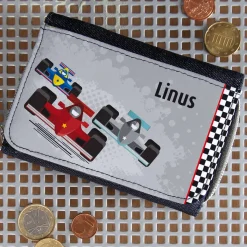 Jeans-Geldbörse für Kinder mit Name und Rennwagen