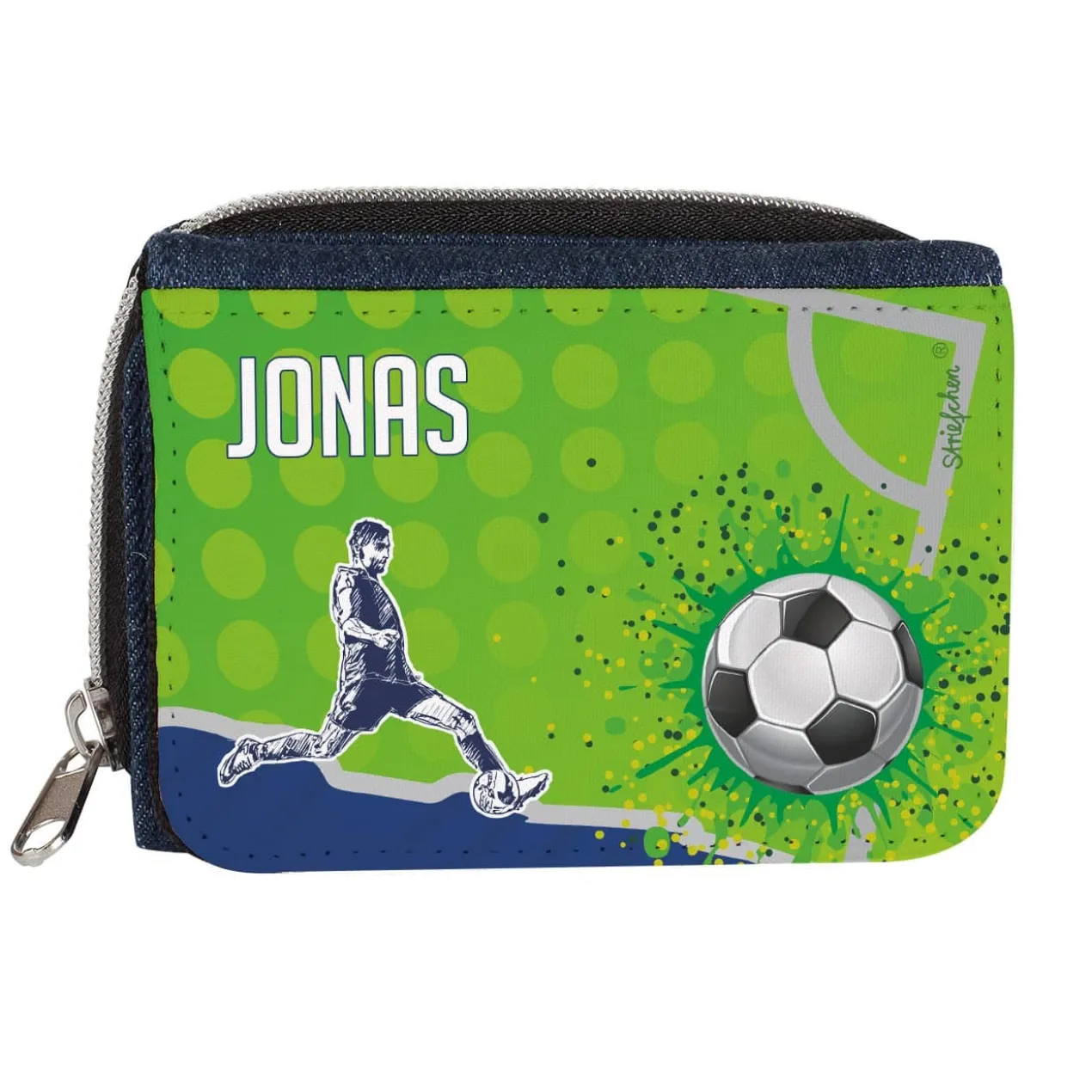 Jeansgeldbörse mit Fußballmotiv und Name