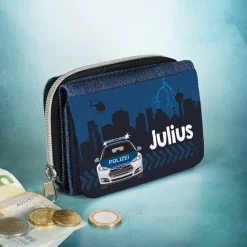 Jeansgeldbörse mit Polizeimotiv und Namensaufdruck
